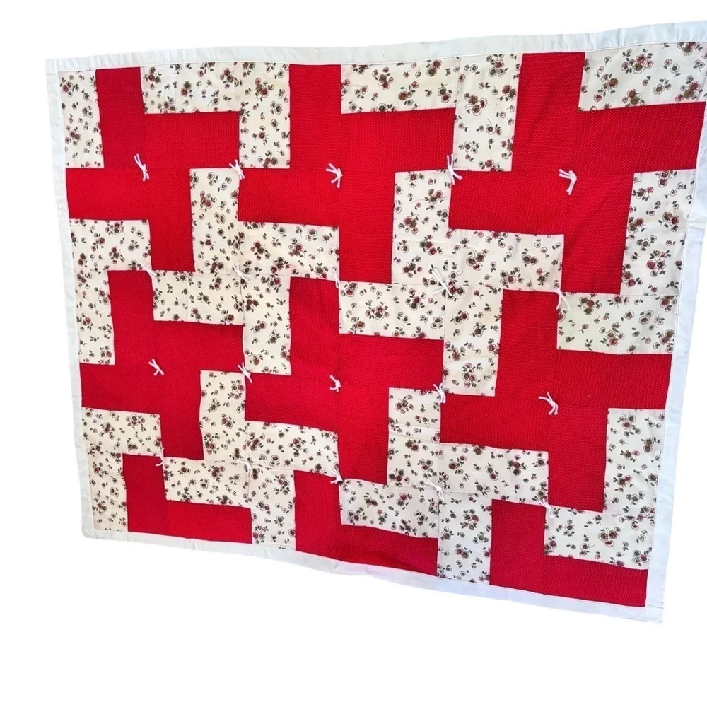 Handmade Hand-tied Lap Quilt Red White Pin Dot/ Floral Print Yarn Tied 40X49”